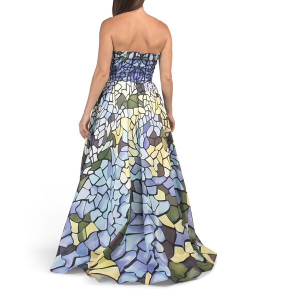 TERANI Blue Multi Strapless Mosaic Print Gown - Picture 2 of 2